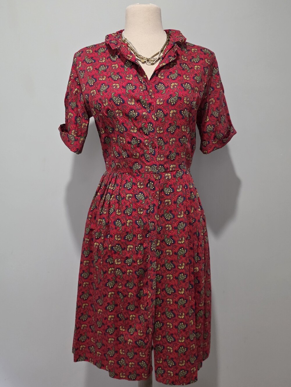 1960s Carol Brent Red Floral Women's Collared Shirt Dress